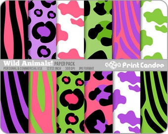 Wild Animals Paper Pack (12 Sheets) - Personal and Commercial Use - jungle animal skin zebra leopard cow