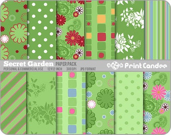 Secret Garden Paper Pack (12 Sheets) -  Personal and Commercial Use - green pink modern dots circles flowers sweet