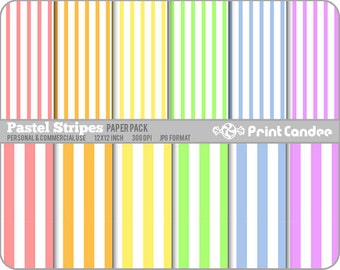Pastel Stripes Paper Pack (12 Sheets) - Personal and Commercial Use - rainbow white lines colorful