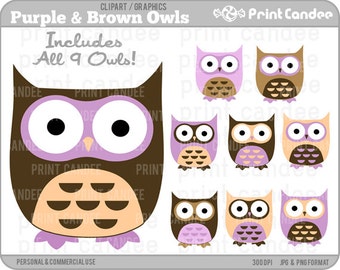 Cute Owls (Purple & Brown) - Digital Clip Art - Personal and Commercial Use - birthday party, cupcake topper