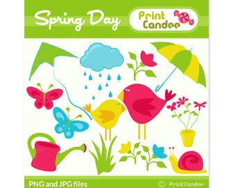 Spring Day - Digital Clip Art - Personal and Commercial Use - flower kite bird umbrella rain snail butterflies