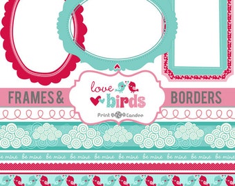 Love Birds Frames & Borders - Digital Clip Art - turquoise pink red birds love clouds stripes dots