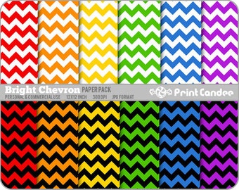 Chevron Brights Paper Pack (12 Sheets) - Personal and Commercial Use - floral retro mod funky fun