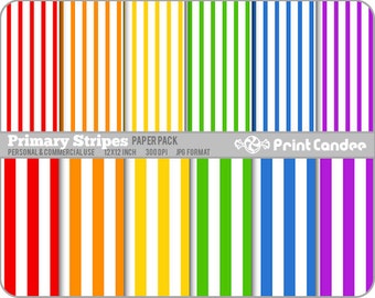 Primary Stripes Paper Pack (12 Sheets) - Personal and Commercial Use - rainbow white lines colorful primary colors