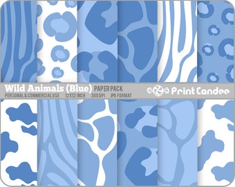 Wild Animals (Blue) Paper Pack (12 Sheets) - Personal and Commercial Use - jungle animal skin zebra leopard cow