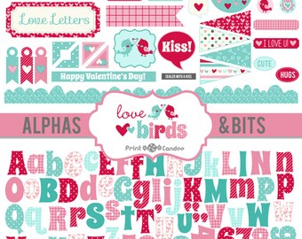 Love Birds Alphas & Bits - Digital Clip Art - turquoise pink red birds love clouds stripes dots