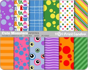 Cute Monsters Paper Pack (12 Sheets) - Personal and Commercial Use - orange purple green purple eyes blue dots