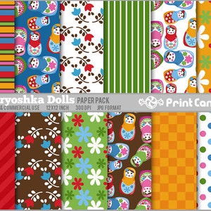 Matryoshka Dolls Paper Pack 12 Sheets Personal and Commercial Use blue orange green flowers dots checks image 1