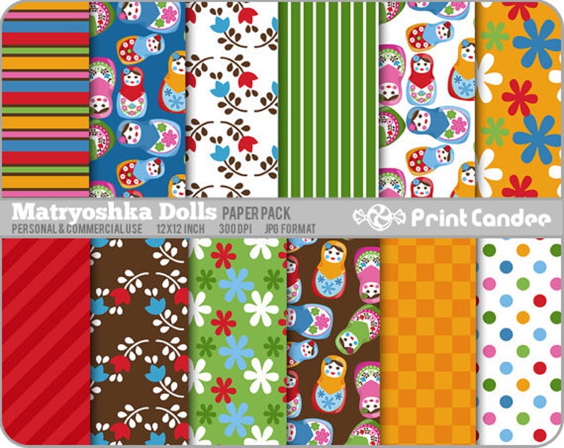 Matryoshka Dolls Paper Pack 12 Sheets Personal and Commercial Use blue orange green flowers dots checks image 1