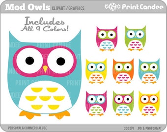 Cute Owls (Mod) - Digital Clip Art - Personal and Commercial Use - whimsical owls mod retro cute colorful