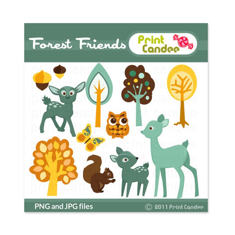 Forest Friends Turquoise & Yellow Digital Clip Art Personal and Commercial paper crafts card making scrapbooking image 1