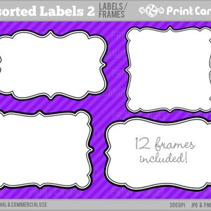 May include: A set of 12 printable labels or frames with a white background and black outlines. The frames have a decorative, ornate design. The text "12 frames included!" is written in the bottom frame. The background is a purple and white striped pattern.