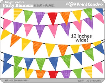 Birthday Party Banners (Bright Colors) - Digital Clip Art - Personal and Commercial Use Clip Art - flag banners 12 inches