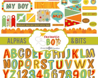 Fantastic Boy Alphas & Bits - Digital Clip Art - Alphabet Corners Flags Labels Sayings Boy Frogs Stars Dots Airplane