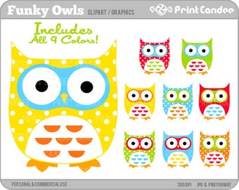 Funky Owls - Digital Clip Art - Personal and Commercial Use - whimsical owls mod retro cute colorful