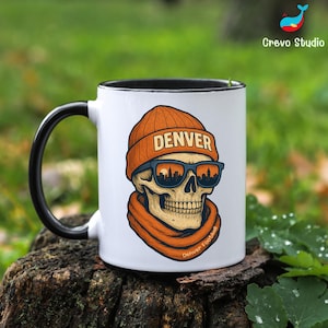 Denver Football Skull Mug, Personalized Bronco Coffee Cup, Custom Name Fan Gift