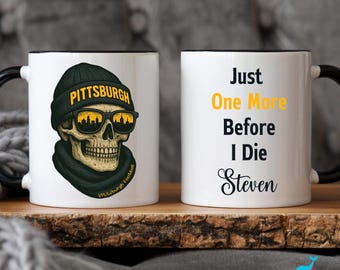 Pittsburgh Football Skull Mug, Personalized Steeler Coffee Cup, Custom Name Fan Gift