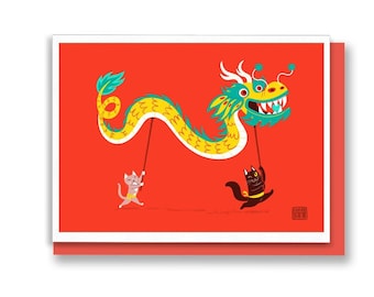 Lunar New Year Card - year of the dragon - Dragon Dance with cats