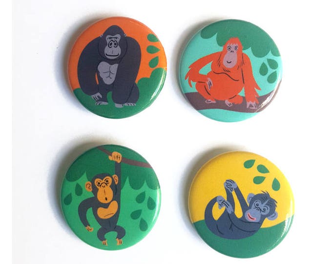 APES Buttons/badges/pins Set of 4 Gorilla, Orangutan, Chimpanzee, Bonobo Etsy