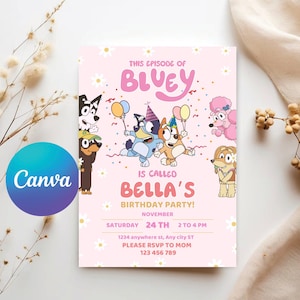 Invitación de cumpleaños editable con diseño de perro azul / Invitación para fiesta de niños / Plantilla Canva para descarga digital / Invitación para fiesta de niñas