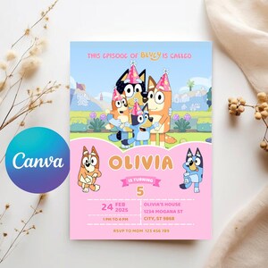 Convite de aniversário de cachorro azul editável | Convite para festa infantil de menino | Modelo Canva para download digital | Convite para festa de menina