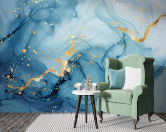 Blue Marble Wallpaper with Gold Veins, Abstract Ink Wall Mural, Luxury Fluid Art, Peel and Stick Removable Wallpaper, Modern Home Decor