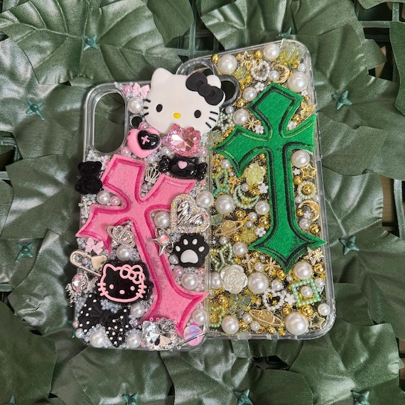 Custom Chromehearts Junk Case, Kawaii Phone Case, Sanrio, Hello Kitty, Girly Gift, Decoden, Nail Charm, Y2k PhoneCase, Cross, Junkcase, Pink