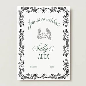 Elegancki zielony szablon zaproszenia ślubnego, edytowalne cyfrowe zaproszenie ślubne, klasyczne zaproszenie ślubne, zaproszenie ślubne przyjazne dla osób LGBTQ