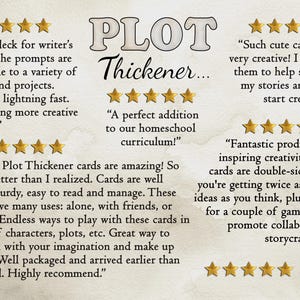 May include: A product display featuring the text PLOT Thickener with multiple five-star ratings and customer reviews. The reviews praise the cards for writer's block, creativity, and homeschooling use, noting they are sturdy, double-sided, and versatile.