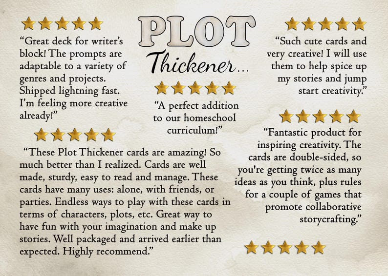 May include: A product display featuring the text PLOT Thickener with multiple five-star ratings and customer reviews. The reviews praise the cards for writer's block, creativity, and homeschooling use, noting they are sturdy, double-sided, and versatile.
