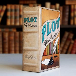 May include: A rectangular box designed to resemble a vintage book with a beige spine and cover. The text reads Plot Thickener and Wendy Talene. The front features a graphic of a quill pen in an inkwell, a piece of paper, and colorful book spines.