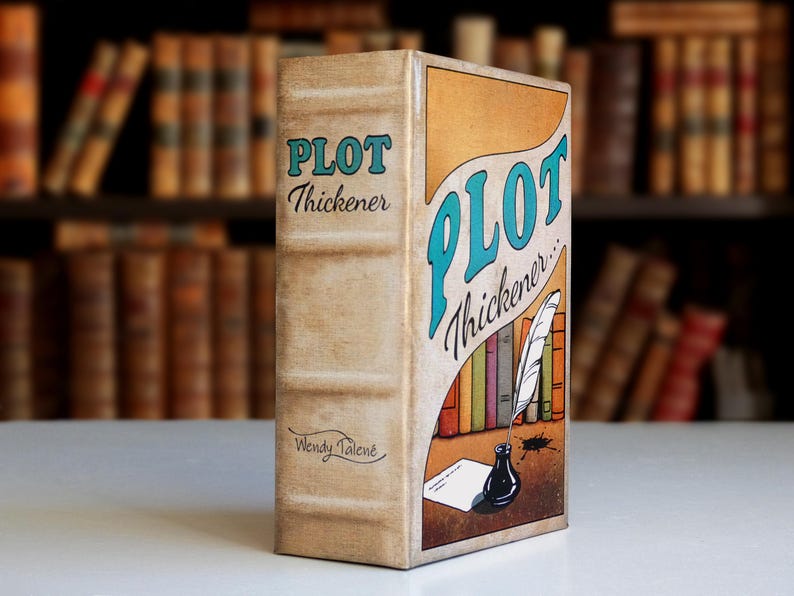 May include: A rectangular box designed to resemble a vintage book with a beige spine and cover. The text reads Plot Thickener and Wendy Talene. The front features a graphic of a quill pen in an inkwell, a piece of paper, and colorful book spines.