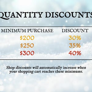 May include: A graphic chart titled QUANTITY DISCOUNTS displaying three tiers: a $200 minimum purchase for a 30% discount, $250 for 35%, and $300 for 40%. Text below states: Shop discounts will automatically increase when your shopping cart reaches these minimums.
