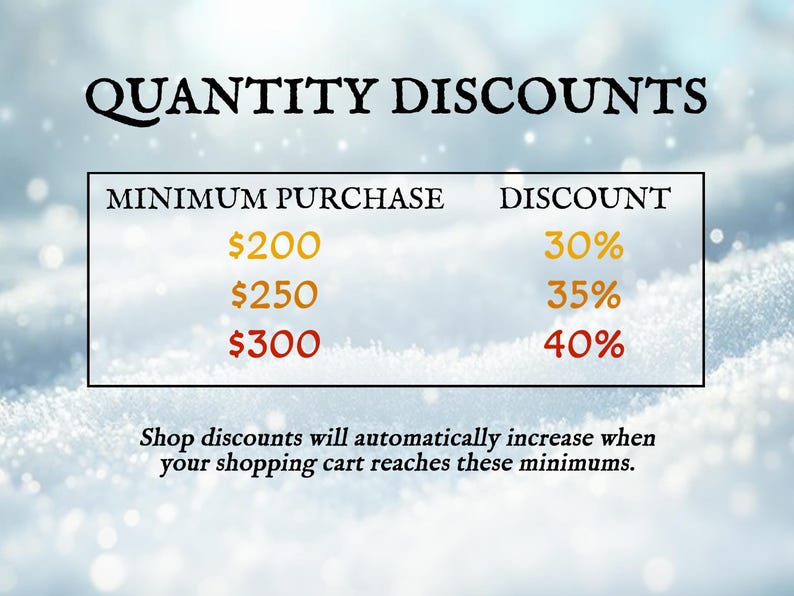 May include: A graphic chart titled QUANTITY DISCOUNTS displaying three tiers: a $200 minimum purchase for a 30% discount, $250 for 35%, and $300 for 40%. Text below states: Shop discounts will automatically increase when your shopping cart reaches these minimums.