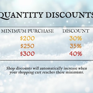 May include: A graphic chart titled QUANTITY DISCOUNTS displaying three tiers: a $200 minimum purchase for a 30% discount, $250 for 35%, and $300 for 40%. Text below states: Shop discounts will automatically increase when your shopping cart reaches these minimums.
