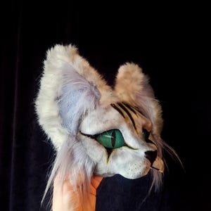 May include: A white and gray cat mask with green eyes and black markings. The mask has fluffy fur and long whiskers. The mask is held up by a hand against a black background.