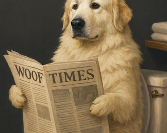 Custom Pet Portrait Dog on Toilet Reading Newspaper | Funny Bathroom Art (Digital)