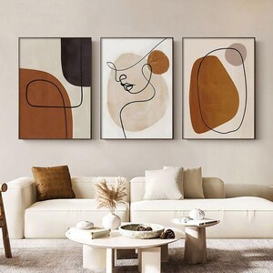 Lot de 3 oeuvres d'art mural abstrait, tirages d'art au trait minimalistes, décoration bohème moderne, affiches aux tons neutres de terre, ensemble de galerie de salon contemporain