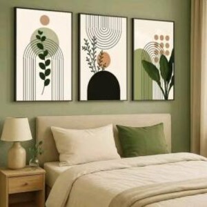 Ensemble de 3 oeuvres d'art mural botanique bohème, estampes minimalistes modernes du milieu du siècle, déco vert sauge et tons terre, ensemble de la galerie de la nature abstraite