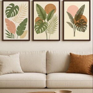 Ensemble de 3 oeuvres d'art mural feuille tropicale, estampes botaniques bohèmes, affiche de plante moderne Mid-Century, déco dans les tons vert sauge, art de la maison minimaliste