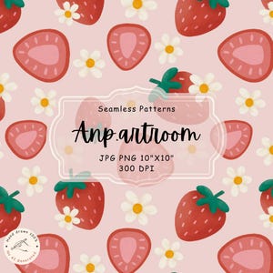 Summer Strawberry Seamless Pattern, Fruit Seamless, Hand Drawn, summer fabric design for sublimation - cottagecore