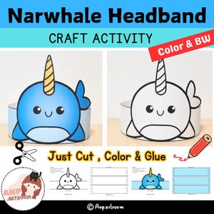 Narwhale Headband - Animal Paper Hat & Crown - DIY Coloring Activity Costume - Printable Instant Download