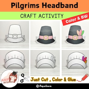 Op de afbeelding: Een knutselactiviteitenblad met pelgrimshoofdbanden. De afbeelding toont verschillende hoedontwerpen, waaronder zwart-wit versies en gekleurde versies met roze banden en veermotieven. Tekst luidt "Pilgrims Headband" en "Just Cut, Color & Glue".