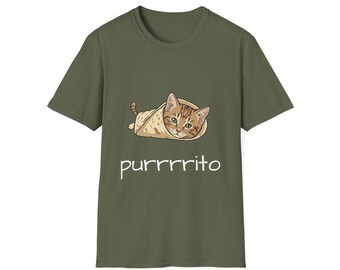 May include: Olive green t-shirt featuring a cartoon cat wrapped in a burrito. The cat has brown and tan fur with green eyes. The word "purrrrito" is written in white script below the graphic.