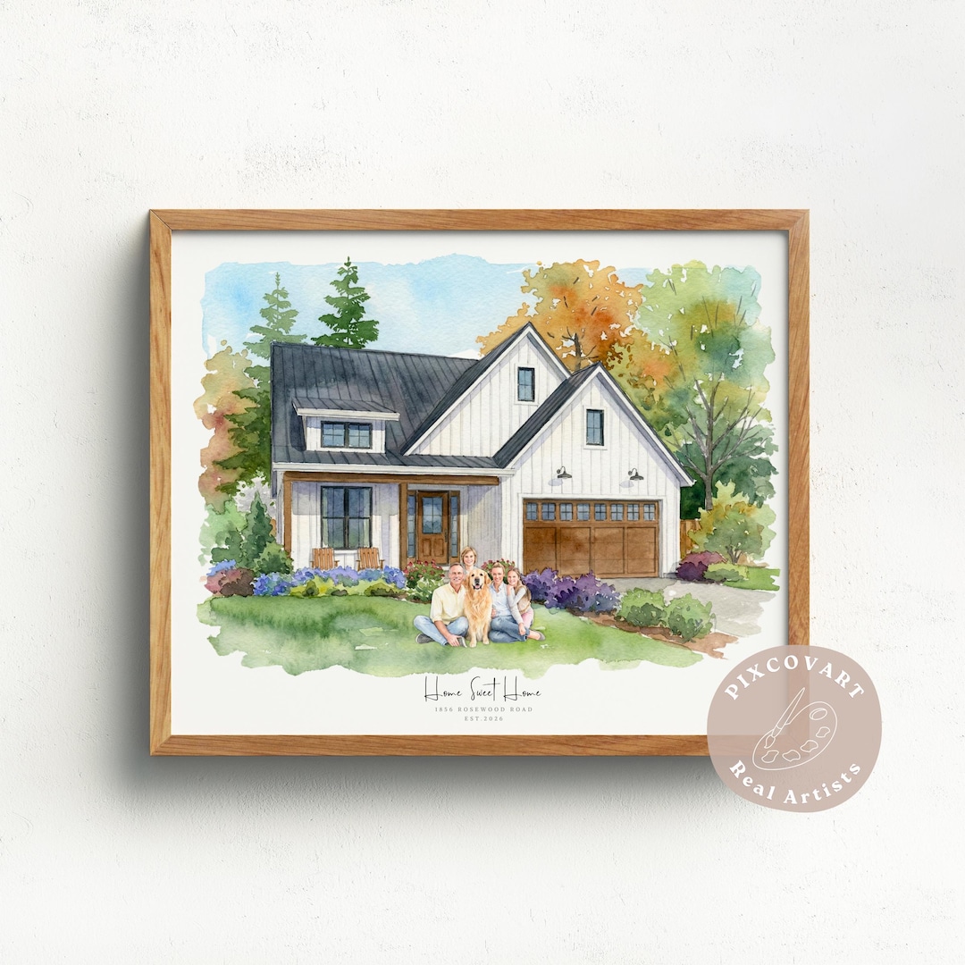 Custom Watercolor House Portrait From Photo With Family & Pets ...