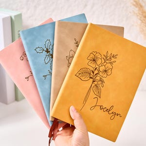Custom Leather Journal With Name,Engrave Birthflower Journal,Personalized Notebook With Soft Leather Cover,Xmas Gift For HerBirthflower Gift