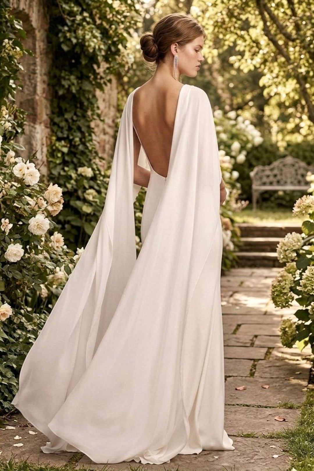 wedding dress chiffon backless Bridal V neck satin with cape. Reception Beach gown. Custom made dress Natural 7 smarttag_on_sale Low Back & Backless Color:Cream