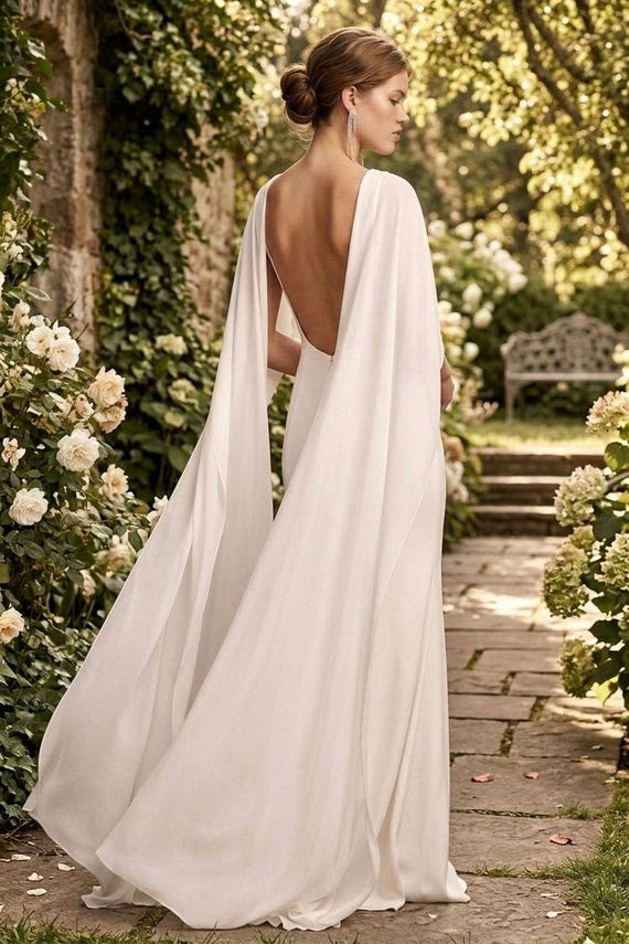 backless cape dress Bridal V neck satin with chiffon cape. Reception wedding Beach gown. Custom made dress Cup size:C Backless Sheer Cape Evening Mirelle Lulus | White Satin