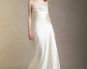 Simple Wedding pure silk slip dress/Reception 100% pure silk Ivory slip Dress/Bridesmaids Dress with cowl neck/ Prom sexy dress