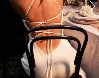 Satin Wedding Gown with Open Cross straps Back and Flowing Train/ Simple Wedding Beach slip dress/ Custom  reception dress with low back